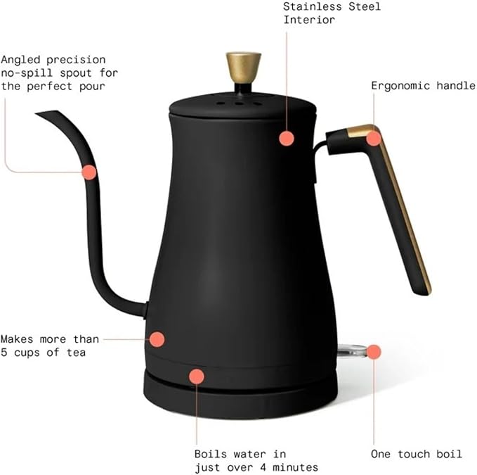 Electric Gooseneck Kettle 1 Liter 1200W, Stainless Steel, Pour Over Coffee Tea, Auto Shut-Off, 360° Cordless Power Base (Black Sesame)