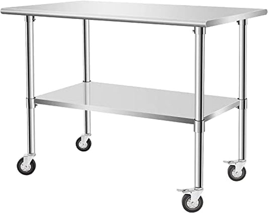Stainless Steel Table - Metal Table Cart - Commercial Workbench with Caster Wheel - NSF Certified - for Restaurant, Warehouse, Home, Kitchen, Garage,48''x30''