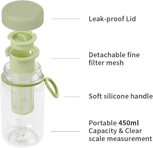 watchget Cold Brew Coffee Maker Travel Tumbler with Soft Silicone Handle Portable Iced Coffee & Tea Infuser with Airtight Lid Cold Brew Travel Cup 15oz/450ml Green