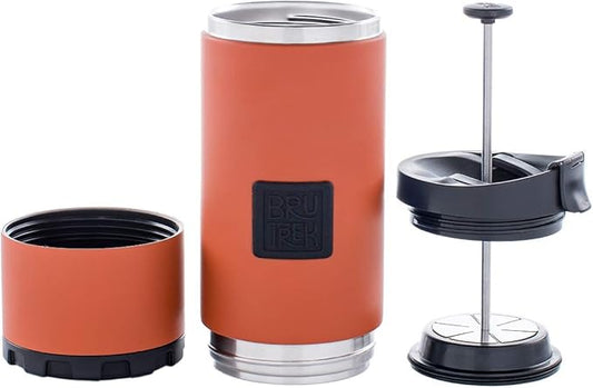 BruTrek OVRLNDR Travel Coffee French Press, 24 fl.oz Drinkable Capacity, Vacuum Insulated, Easy To Clean Removable Bottom, No Spill Lid, On The Go Coffee Brewing (Red Rock)