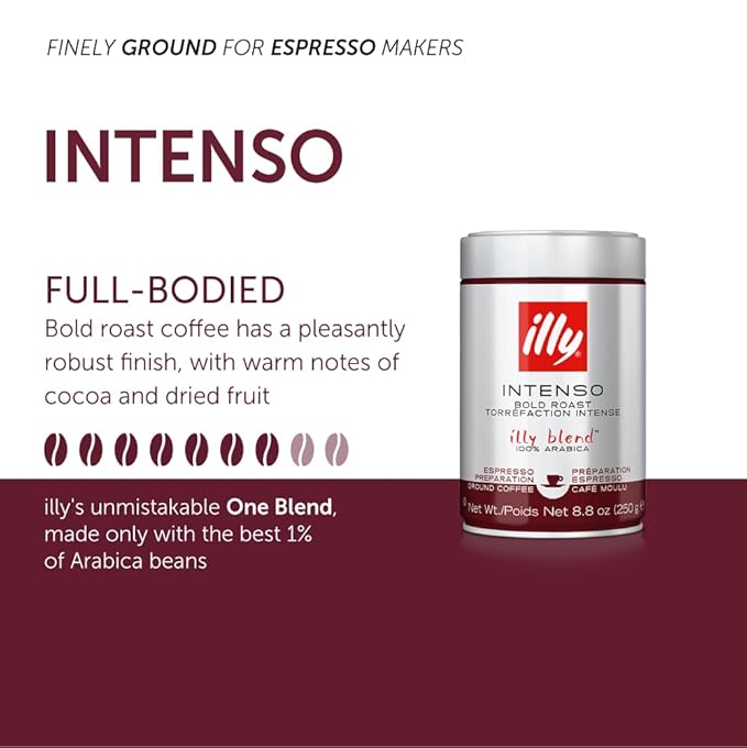 illy Ground Espresso Coffee, Intenso Dark Roast, 100% Arabica, Premium Italian Coffee, Pre-Ground for Espresso Machines, 8.8oz, 6 Pack