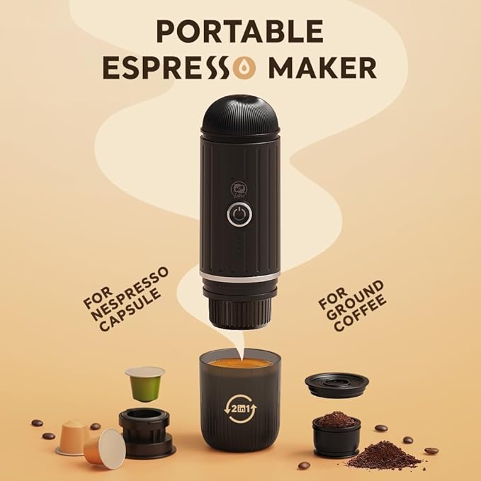 Portable Electric Espresso Coffee Maker Electric Coffee Machine Compatible with NS Capsules and Coffee grounds for Camping, Travel, Home【Heating version】