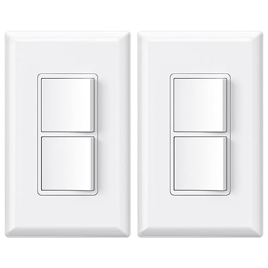 ELEGRP Decorator Double Rocker Light Switch, Two Single Pole Electrical Paddle Switch, 15A 120V, in-Wall On/Off, with Screwless Wall Plate, Self-grounding, UL Listed (2 Pack, Glossy White)
