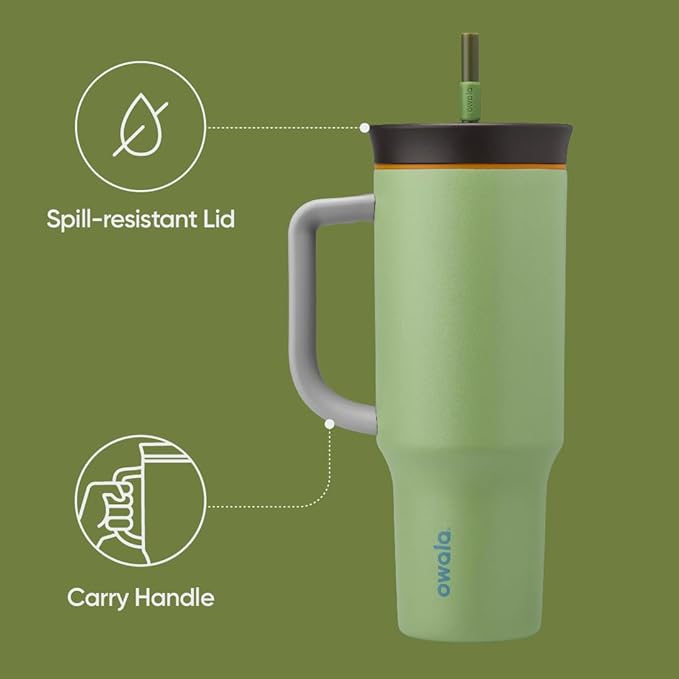 Owala 40oz Stainless Steel Insulated Travel Tumblers, Green & Blue, with Spill Resistant Lid, Straw, Carry Handle (Brave Adventures & The Great Blue)