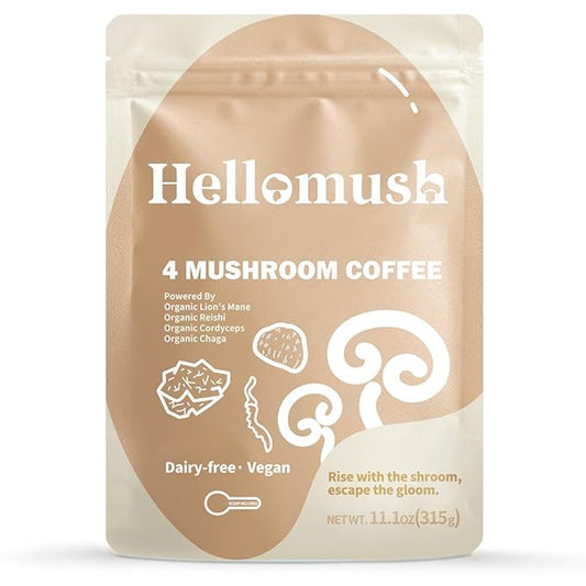 Hellomush Organic Instant Mushroom Coffee with Lions Mane, Reishi, Chaga and Cordyceps Coffee 30 Servings 3.7 oz