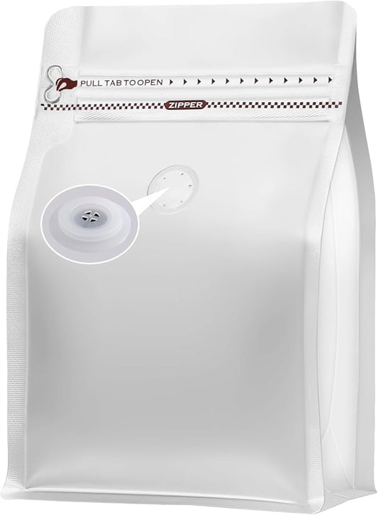 REMTAP Coffee Bags with Valve(50pcs,8oz) White High Barrier Aluminumed Foil Flat Bottom Standing Coffee Beans Storage Bags,Reusable Heat Sealable Side Zipper Pouches for Home or Store