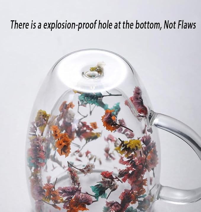 Double Glass Flower Tea Cup, Aesthetic Preserved Flower Cup, Cute Insulated Tea Cup with Handle, Heat Resistant & Lead-free Coffee Mugs, Gifts for Birthday Mother's Day, Perfect for Women Wife Mom (D)