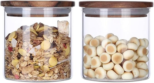 KKC HOME ACCENTS Airtight Glass Food Storage Jars with Wood Lids for Coffee,Sugar,Salt,Wooden Top Sealed Glass Kitchen Jars,18 Fluid Ounces