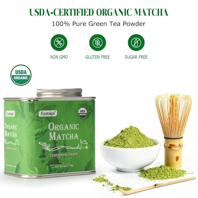 EASTSIGN Organic Matcha Powder (6oz/170g),Unsweetened with Zero Sugar, Ceremonial Grade, Early Spring Leaf Harvest, Fine Stone Ground – Vegan, All Purpose, Great for Matcha Latte