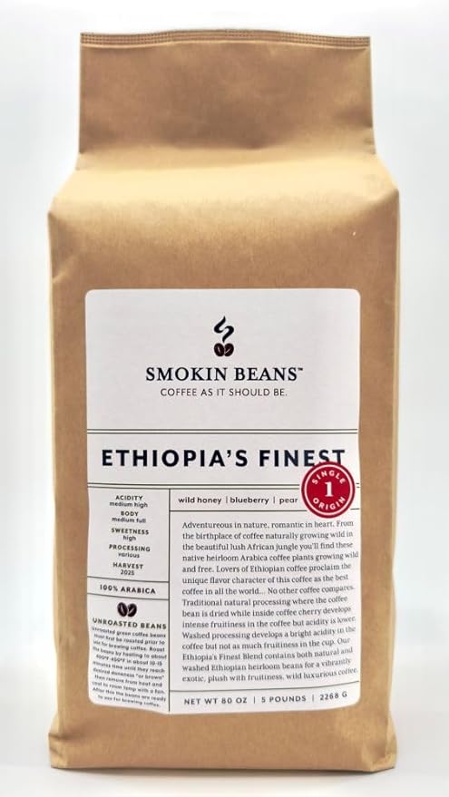 5-Pound Ethiopia's Finest Blend, Unroasted Green Coffee Beans, Fresh Current Crop Specialty Grade, Roast the Beans Yourself at Home on Your Roasting Equipment Prior to Using for Brewing Coffee