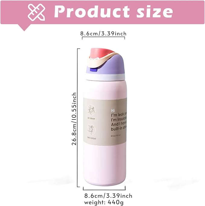 DUTHINGS Insulated Stainless Steel Water Bottle with Straw, 32 oz, Reusable Sports and Travel Bottle for School, Kids, and Outdoors - Leakproof and BPA-Free (LIGTH PINK)