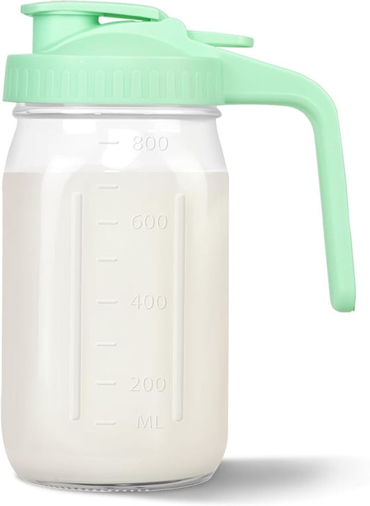Mason Jar Pitcher, 32 oz Glass Milk Pitcher, Wide Mouth & Leakproof Glass Pitcher with Lid for milk, Sun Tea, Juice, Cold Brew Coffee and Drinks