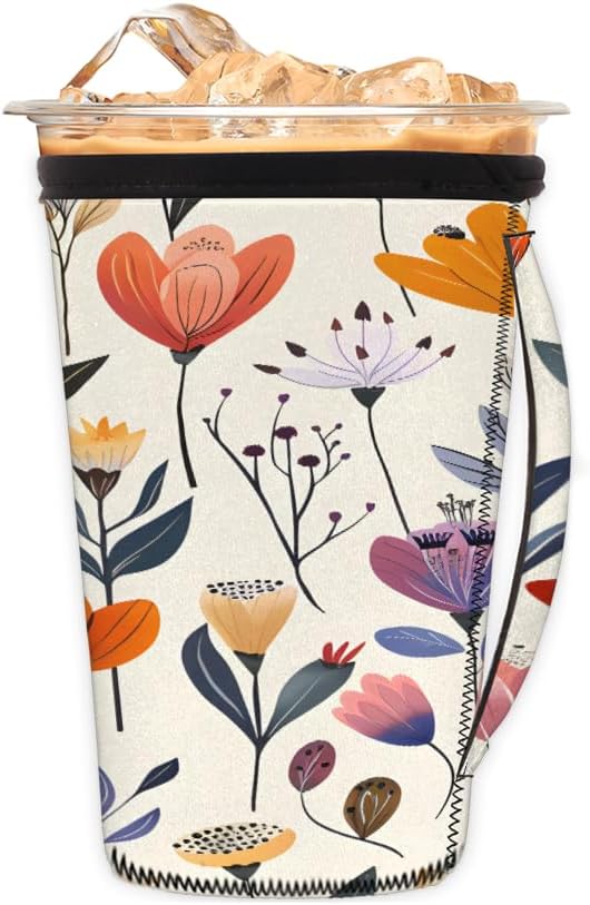 Reusable Iced Coffee Cup Sleeve Flowers Summer Neoprene Insulated Sleeves Cup Holder with handle Idea for 16oz - 18oz