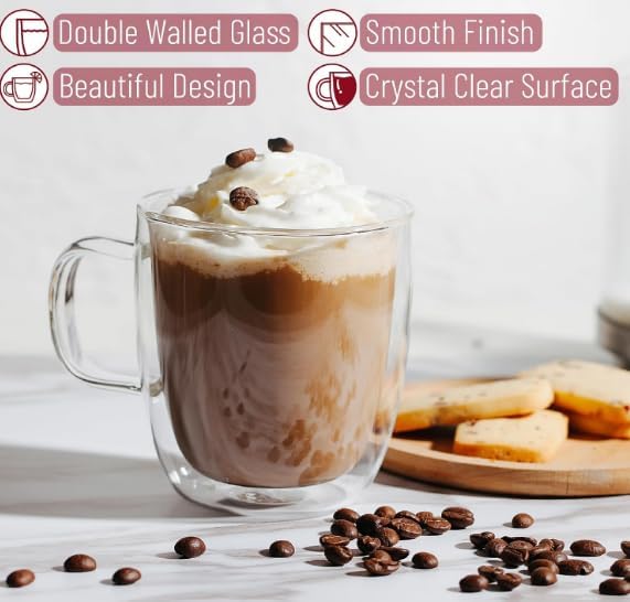 BTaT- Double Walled Espresso Cups, 5 oz, Set of 4, Clear Coffee Mugs, Double Wall Insulated Espresso Cups, Small Coffee Mugs for Tea, Lattes, Macchiatos, Hot & Cold Beverages, Microwave Safe