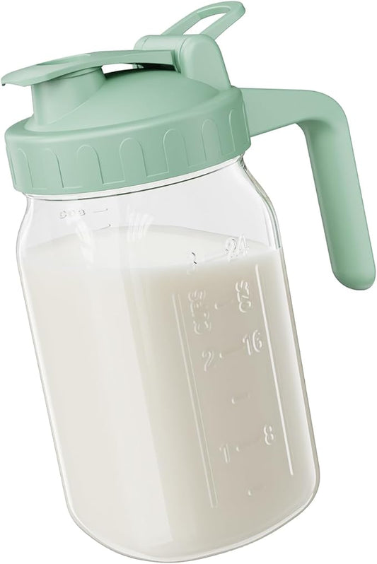 Breast Milk Pitcher - 32 oz Glass Mason Jar with Dual Leak-Proof Design, Airtight Seal, Pour Spout & Handle, Storage Container for Breastmilk, Iced Tea & Ice Drinks（Green）