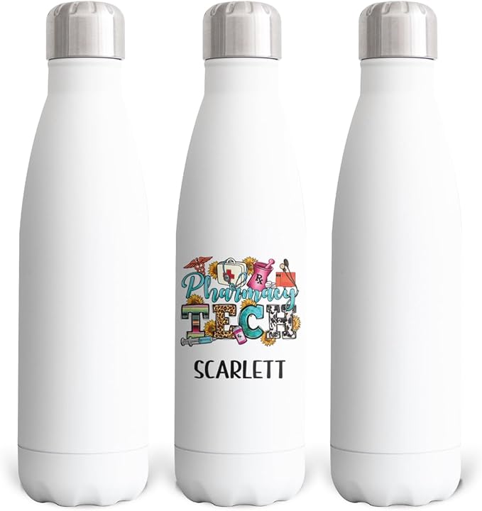17oz Gift for Pharmacist, Color Sublimated Water Bottle for Pharmacist, Gift With Lid for Office Staff Team, RX, CPhT, Vinyl, Appreciation Gift for Staff Team, Vacuum Insulated SS Water Bottle