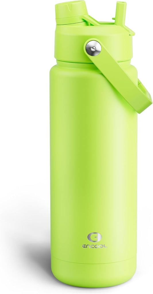 ENCOOL Insulated Water Bottle with Straw Stainless Steel Water Bottle, Leak-Proof, BPA-Free, Double Wall Vacuum Keeps Cold for 24 Hours for Sports, Travel, School (32 oz, Sharp Green)