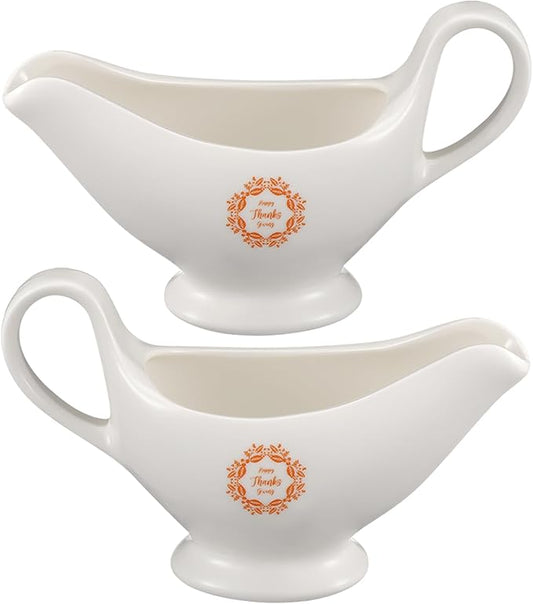 Bokon 2 Pack Thanksgiving White Gravy Boat 8 oz Sauce Boat White Ceramic Sauce Jug with Smooth Handle Creamer Pitcher for Salad Dressing Milk Broth Microwave Dishwasher Safe for Festive Gatherings