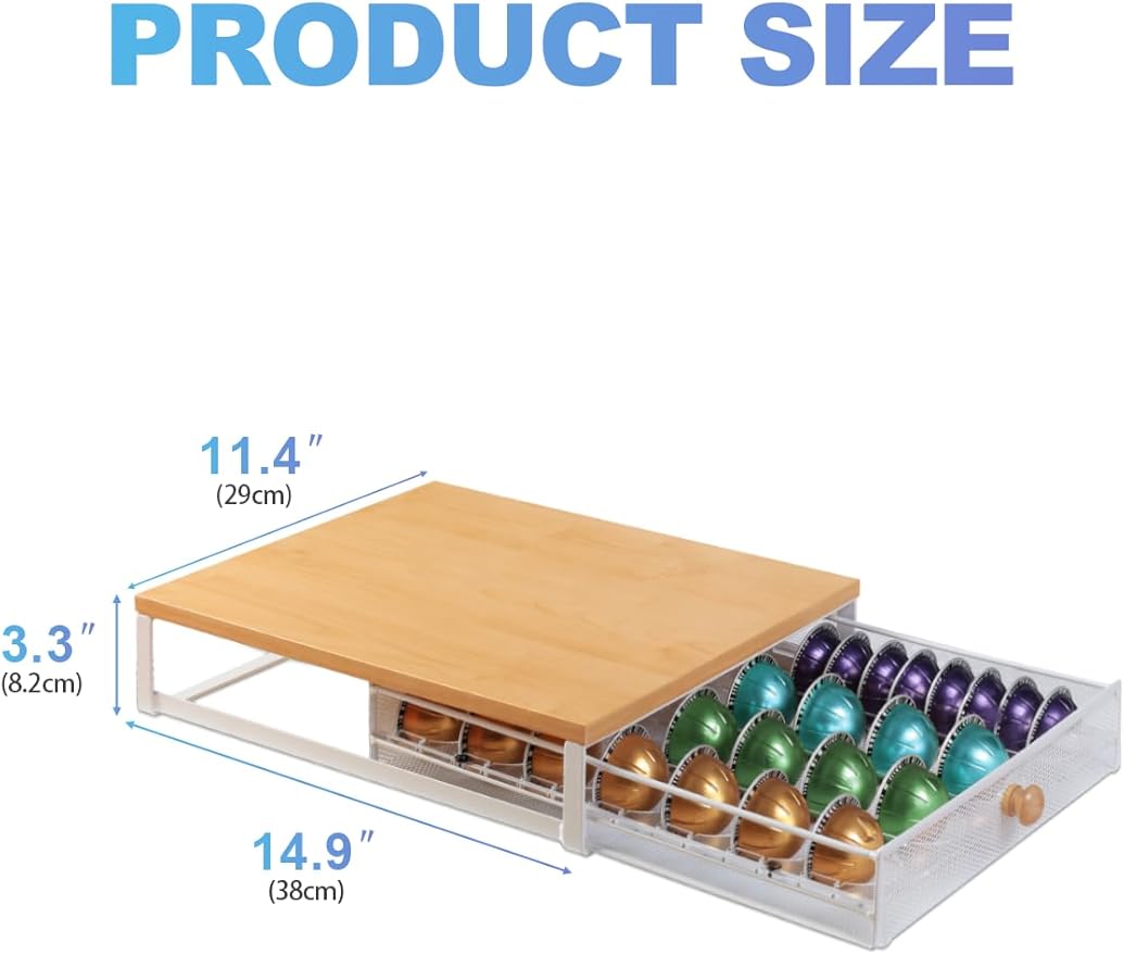 Coffee Pod Holder Drawer Organizer Capsules Storage Organizer with Sliding Drawer Compatible For Nespresso Pods, Holds up to 54 Small or 28 Big nespresso pod Oak Color