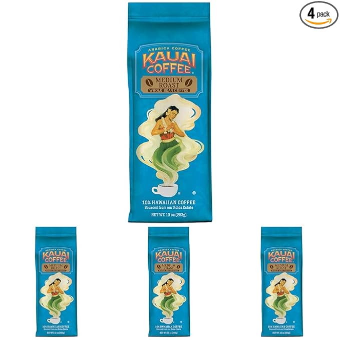 Kauai Coffee Whole Bean Coffee – Smooth,Non-Bitter Pure Arabica – Light Floral Notes & Bright Aroma-– Grown on Hawaii's Largest-Coffee Farm-– Koloa Estate Medium Roast of 10oz,(Pack of 4)