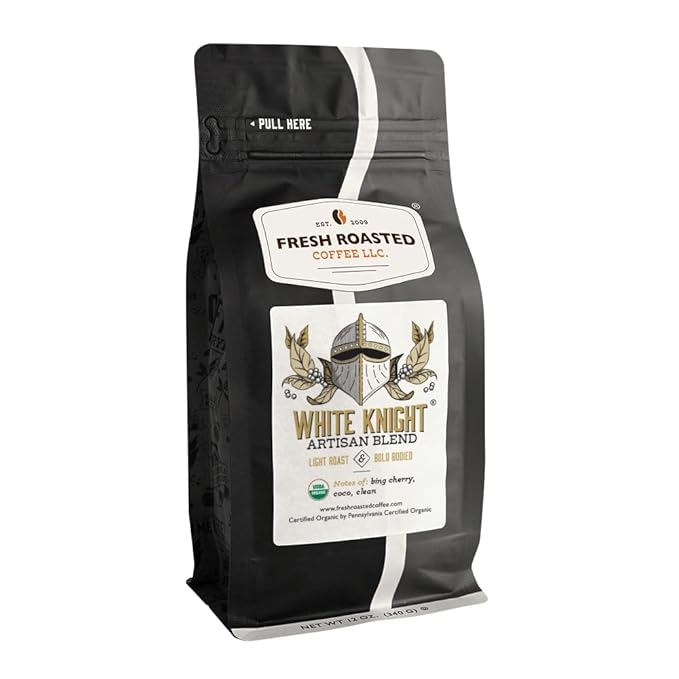 Fresh Roasted Coffee, Organic White Knight | USDA Organic, Kosher | Light Roast 12 oz, Whole Bean