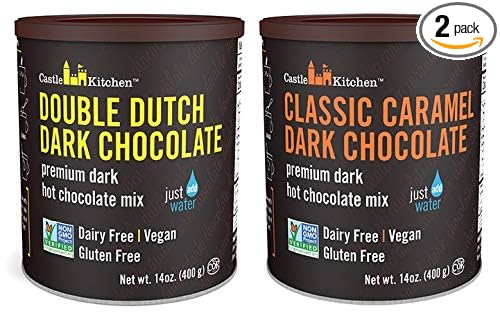 Natural Hot Chocolate Mix Variety Pack - Dairy-Free, Vegan Complete Mixes - Just Add Water - Pack of 2 (Classic Caramel Dark Chocolate & Double Dutch Dark Chocolate) 14 oz Each