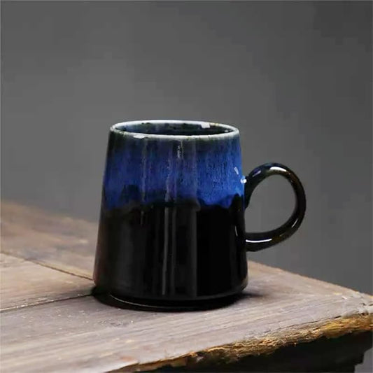15oz Japanese style Handmade Ceramic Coffee Mug - Unique Pottery tea cup, Lead-free Artisanal stoneware ceramic tea mug, Dishwasher & Microwave Safe Coffee cup for office and home, Blue and Black