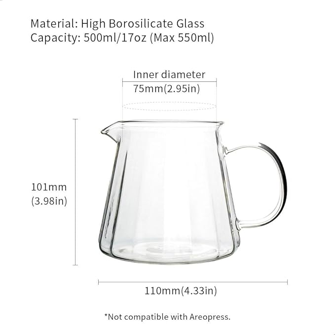 watchget Glass Coffee Carafe 500ml/17oz - Heat Resistant Thin Borosilicate Coffee Server, Clear Pour Over Coffee Pot Maker, Ideal for Home, Office, and Café