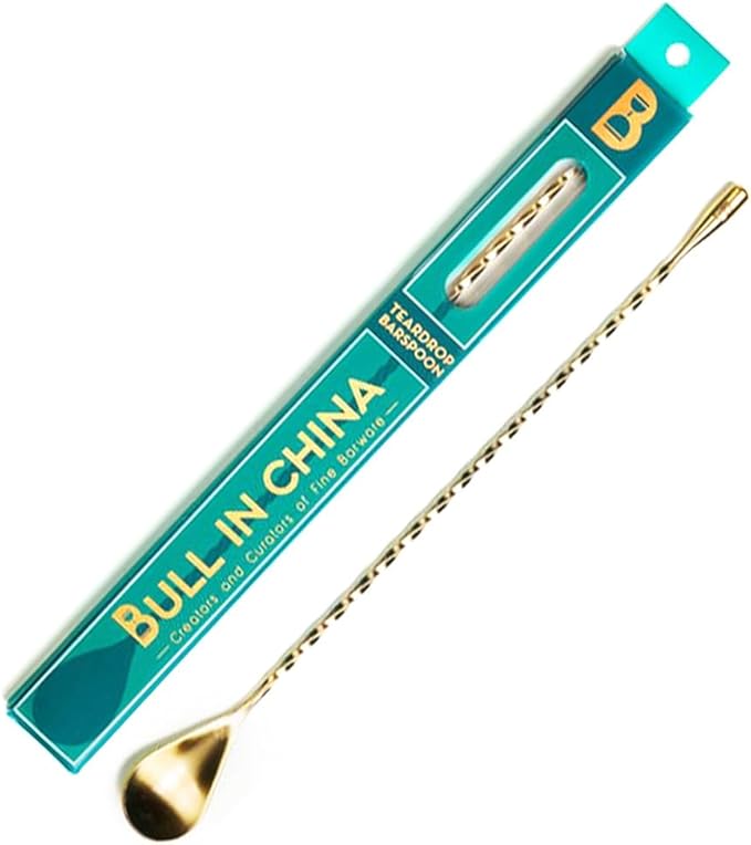 Teardrop Barspoon by Bull In China - 16" / 40cm Antique Brass Weighted Cocktail Stirring Spoon With Spiral Pattern for Bars & Bartenders