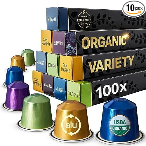Organic Espresso Variety Pack for Nespresso | 100 Organic Aluminum Capsules | 3 Strong Italian Espressos + 1 Smooth Lungo | 100% Nespresso Compatible Pods | Fairtrade |
