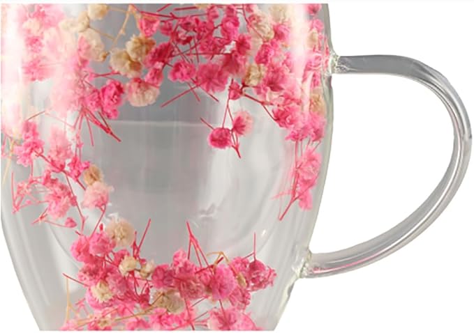 Dried Flower Double Wall Glass Coffee Mugs, 350ML Clear Flower Coffee Mug Cup with Handle Insulated Heat Resistant Glass Cup for Tea Latte Cafe Milk Hot Cold Beverages
