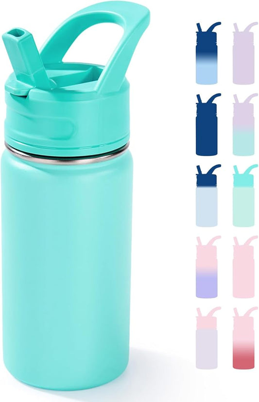 12oz Kids Water Bottle for School, Toddler Bottles with Straws, Stainless Steel Vacuum Insulated Water Bottle for Boys&Girls, Leak-Proof, BPA-Free, Green