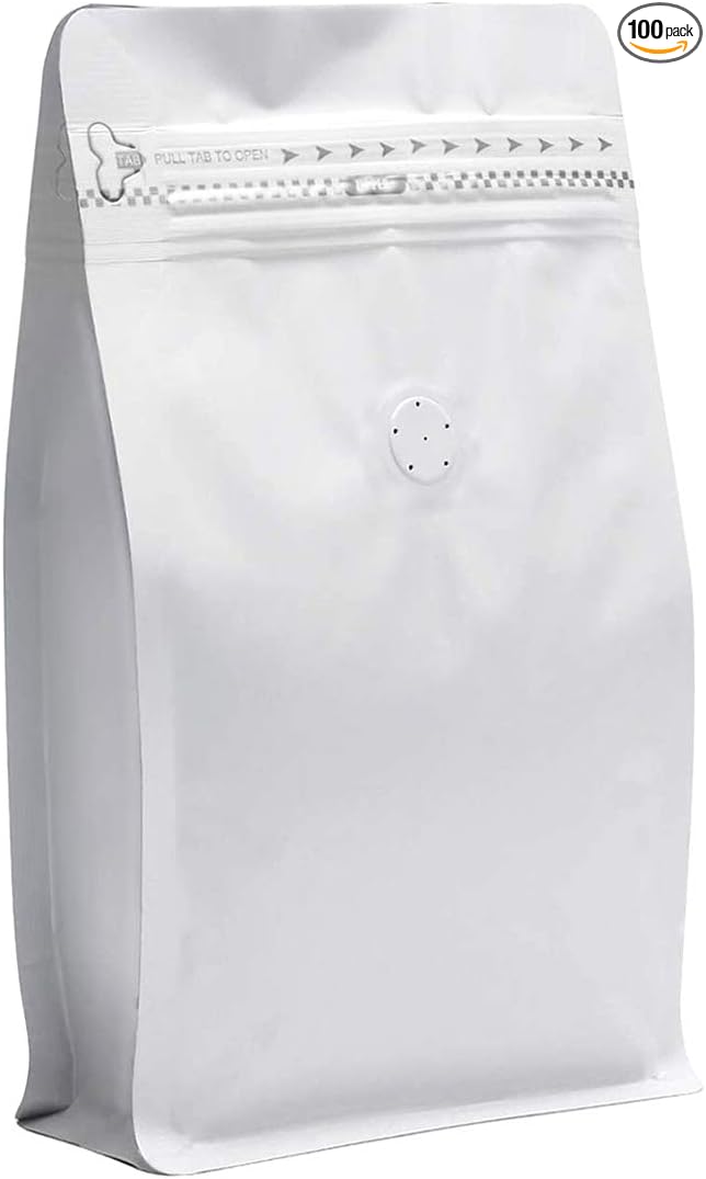 100 Pieces 16 Ounce White Kraft Paper Coffee Bags, Stand Up Coffee Pouches with One Way Degassing Valve and Reusable Side Zipper (Pull Tab to Open) Flat Bottom - Stand Up Well (16oz, 1lb, 454gram)