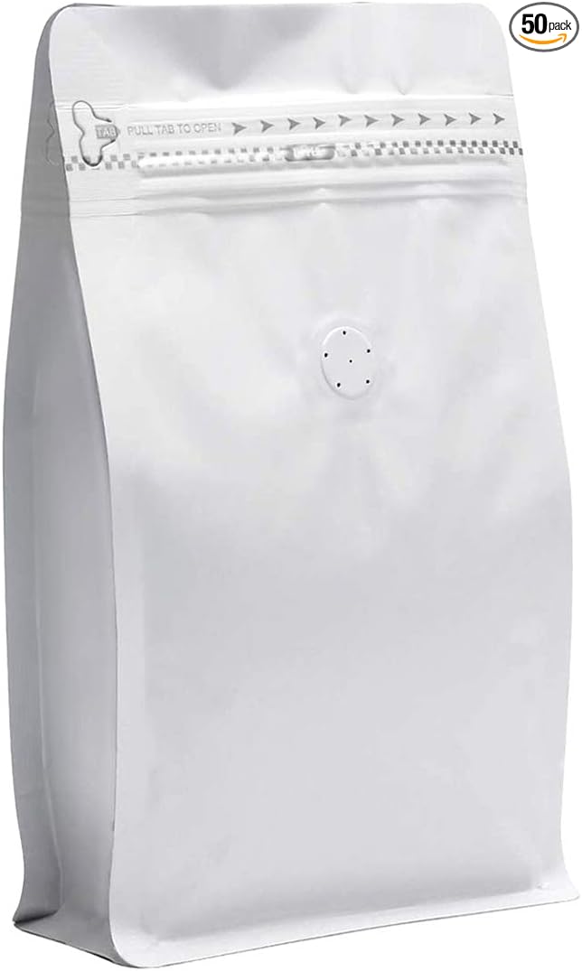 50 Pieces 16 Ounce White Kraft Paper Coffee Bags, Stand Up Coffee Pouches with One Way Degassing Valve and Reusable Side Zipper (Pull Tab to Open) Flat Bottom - Stand Up Well (16oz,1lb, 454gram)
