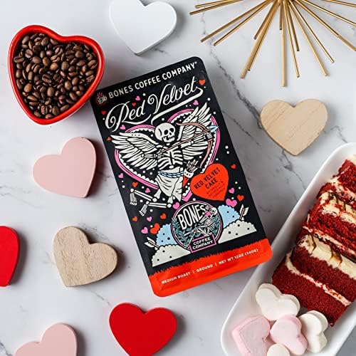 Bones Coffee Company Red Velvet Flavored Coffee Beans, Medium Roast Ground Coffee Low Acid, Red Velvet Cake Flavor (12 oz)