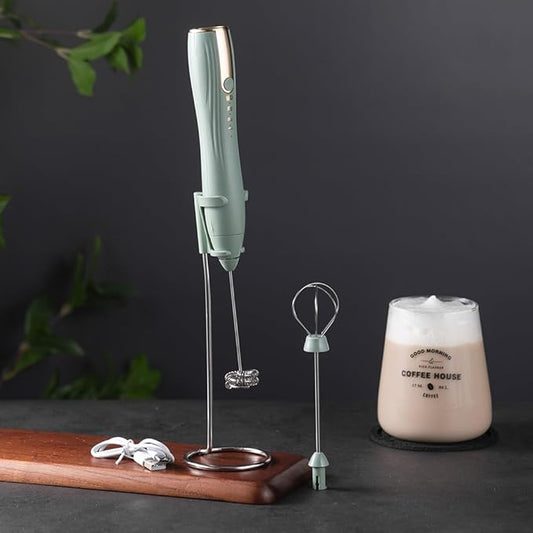 Ruciko Rechargeable 3-Speed Electric Milk Frother,Stainless Steel,Mini Handheld.Quick Type-C Charging for Lattes,Coffee,Egg Whipping & Hot Choc.With Double-Layer Frothing Head & Stand.(green)