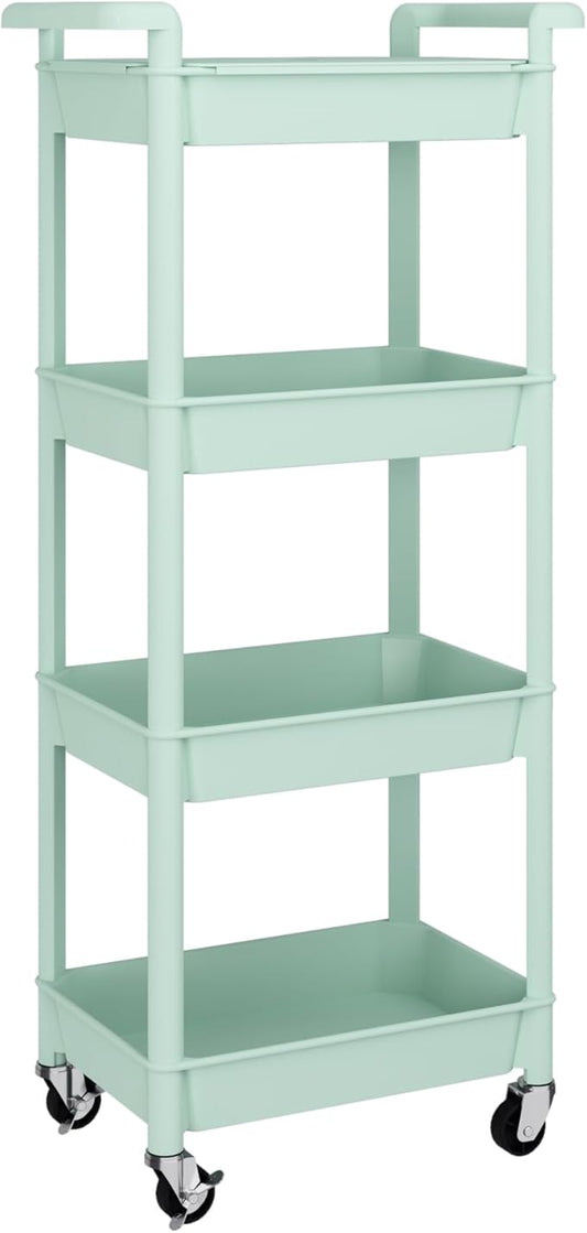 MIOCASA Utility Rolling Cart with Detachable Tray Top, 4-Tier Kitchen Storage Organization, Art Cart with Wheels for Office, Classroom, Livingroom, Kitchen, Bathroom (Green, 4-Tier-Plastic)