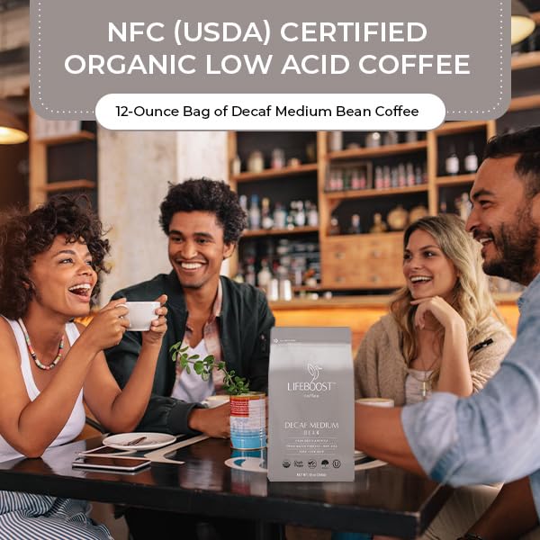 Lifeboost Medium Roast Swiss Water Decaf Whole Bean Coffee - Low Acid Organic Decaf Coffee, Non-GMO, USDA Organic, Single Origin, Third-Party Tested for Mycotoxins & Pesticides - 12 oz Bag