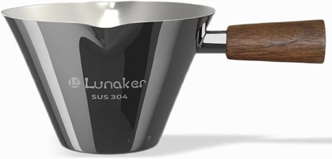 Lunaker Espresso Cups - 4OZ Espresso Shot Cup with Wooden Handle -Measuring Cup with Double Spouts - Coffee Bar Accessories, Bright Silver