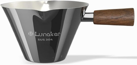 Lunaker Espresso Cups - 4OZ Espresso Shot Cup with Wooden Handle -Measuring Cup with Double Spouts - Coffee Bar Accessories, Bright Silver