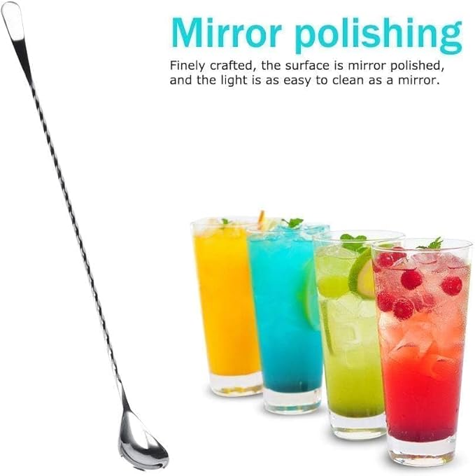 Bar Spoon, 15” Long Cocktail Mixing Stirrer Stainless Steel Spoon, Metal Silver Spiral Pattern Home or Bar Cocktail Stirring for Ice Cream Milkshakes Juice Coffee Tea Drink