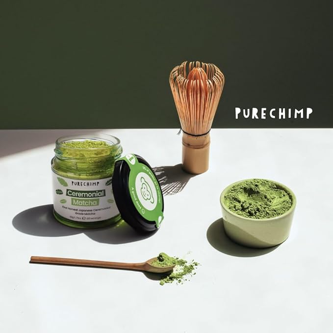 PureChimp Ceremonial Grade Matcha Powder 1.75oz. Pure Japanese Matcha Ceremonial Grade Tea, Shade-Grown in Kagoshima. Antioxidant-Rich Green Tea Powder for Lattes. Recyclable Glass Jar, Unsweetened