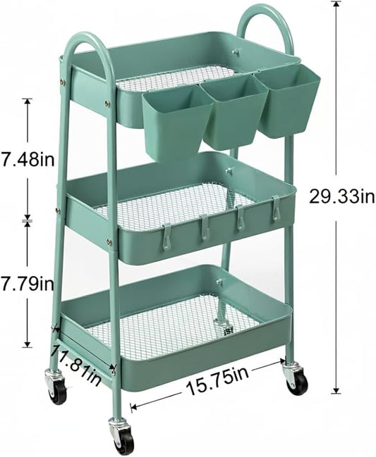 danpinera 3-Tier Rolling Cart, Utility Cart Mobile Metal Rolling Storage Cart with Lockable Wheels & Hanging Cups & Hooks for Kitchen, Bathroom, Office, Workshop, Green