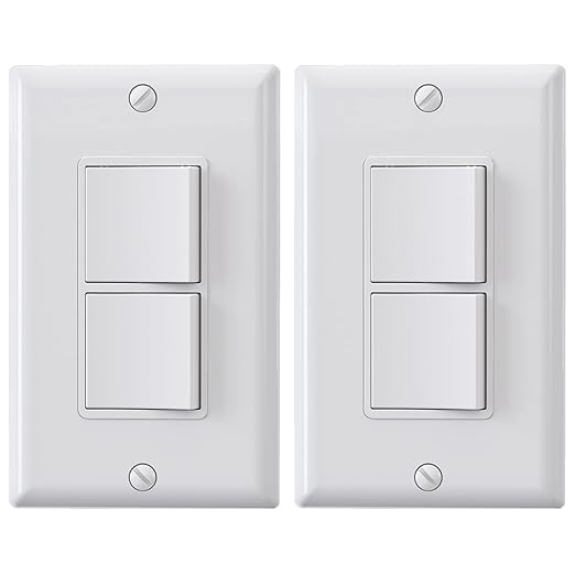 ELEGRP Decorator Double Rocker Light Switch, Two Single Pole Electrical Paddle, 15A 120V, In-Wall On/Off, Self-Grounding, Wall Plate Included, UL Listed (2 Pack, Glossy White)