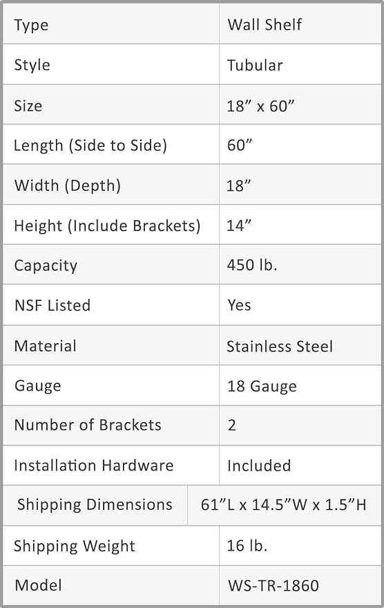 Premium Stainless Steel Tubular Wall Shelf – 60" L x 18" D | NSF Certified | Heavy-Duty Equipment & Appliance Shelf for Restaurant, Kitchen, Garage, Utility Room