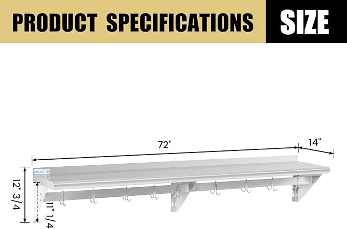 Hally Stainless Steel Shelf with 8 Hooks 14" x 72" Wall Mounted Pot Rack 400lb, NSF Commercial Floating Shelving for Storage Hanging Pots, Pans, cookware in Restaurant, Kitchen, Home and Hotel