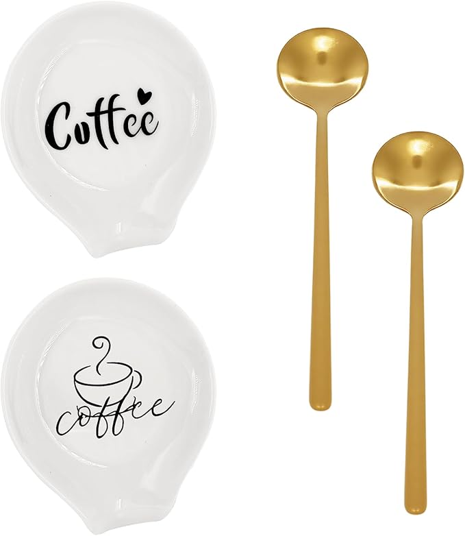 2 Pcs Coffee Spoon Rest, Monogram Ceramic Spoon Holder for Tablespoon, Teaspoon, Bar Spoon, With 2 Pcs Spoon for Coffee Lovers Girlfriend Wife Husband Anniversary Friends