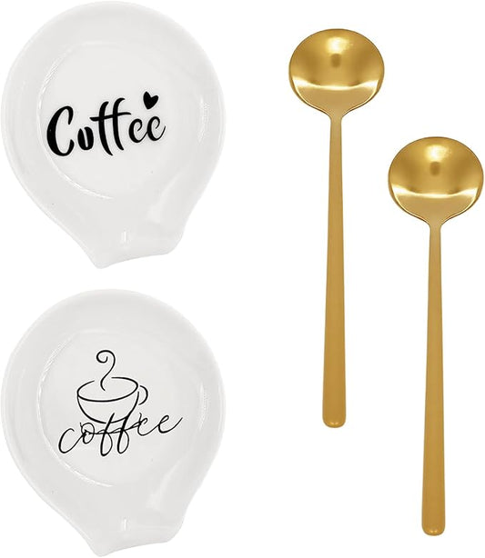 2 Pcs Coffee Spoon Rest, Monogram Ceramic Spoon Holder for Tablespoon, Teaspoon, Bar Spoon, With 2 Pcs Spoon for Coffee Lovers Girlfriend Wife Husband Anniversary Friends