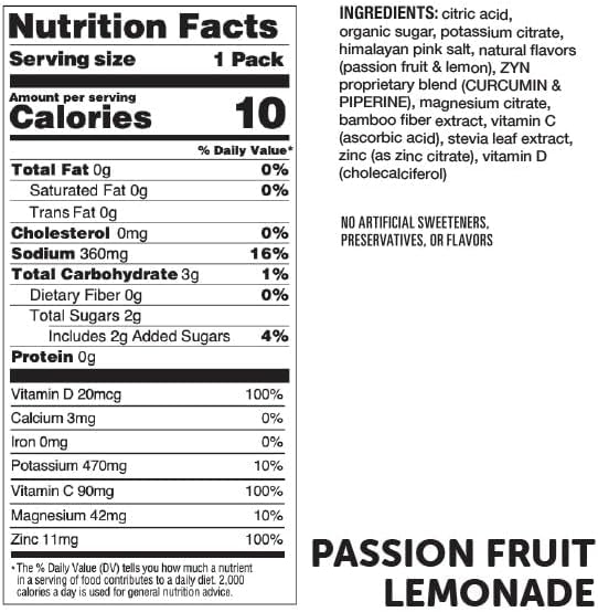 ZYN Electrolyte Drink Mix Hydration Packets, Passion Fruit Electrolytes Powder, Hydration Packets w/Turmeric Curcumin, Vitamin C & D, Zinc, Hydrate & Recover Electrolyte Powder, Pack of 32