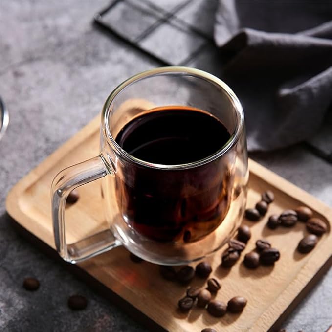 12oz Double Espresso Cups Set of 2 - with Handle, Double Walled Glass Insulated Cup, High Temperature Resistant, Non-Fracturing and Scald Resistant Glass, Transparent